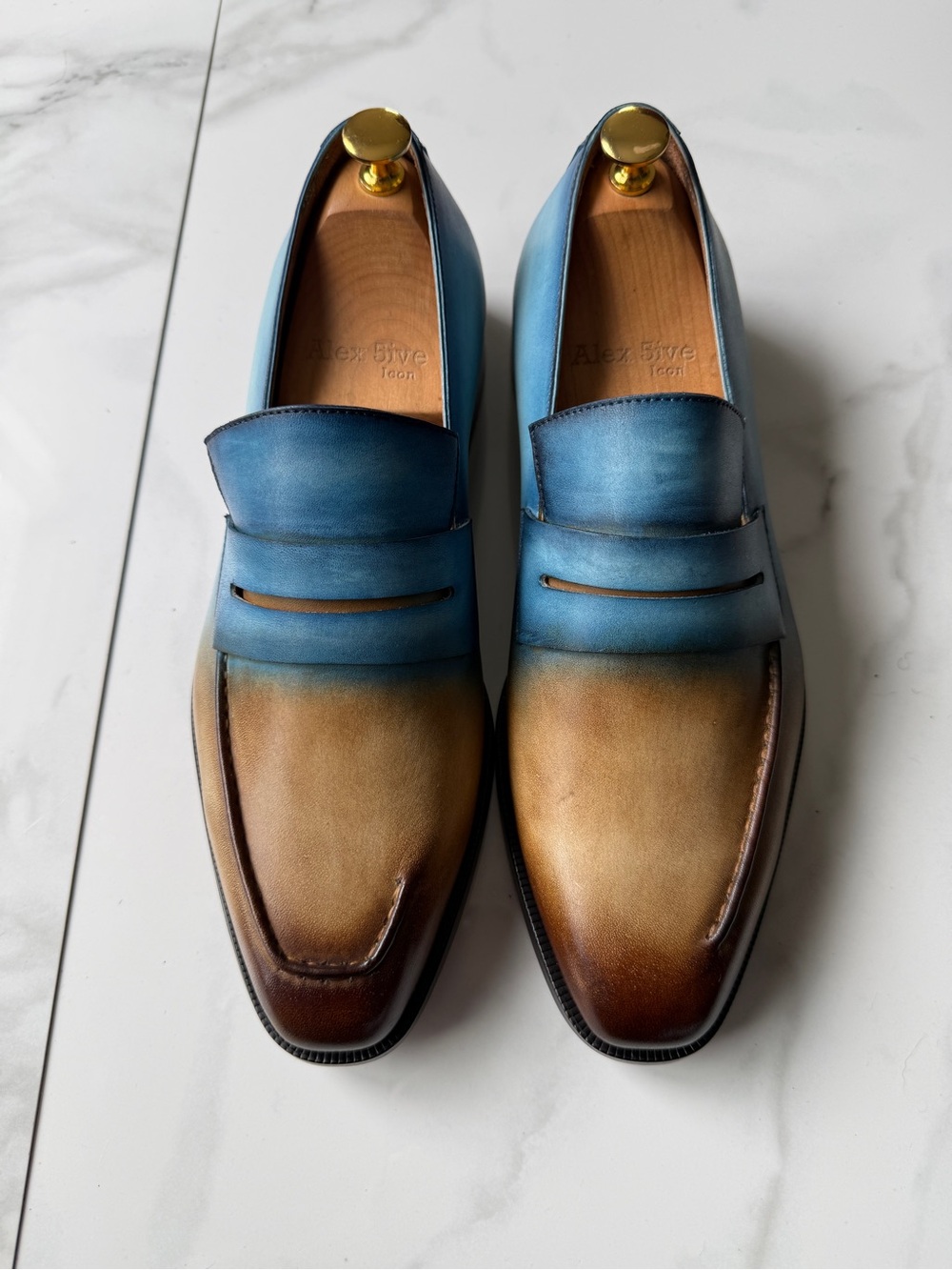 Blue and Tan Gradient Leather Penny Loafers for Men